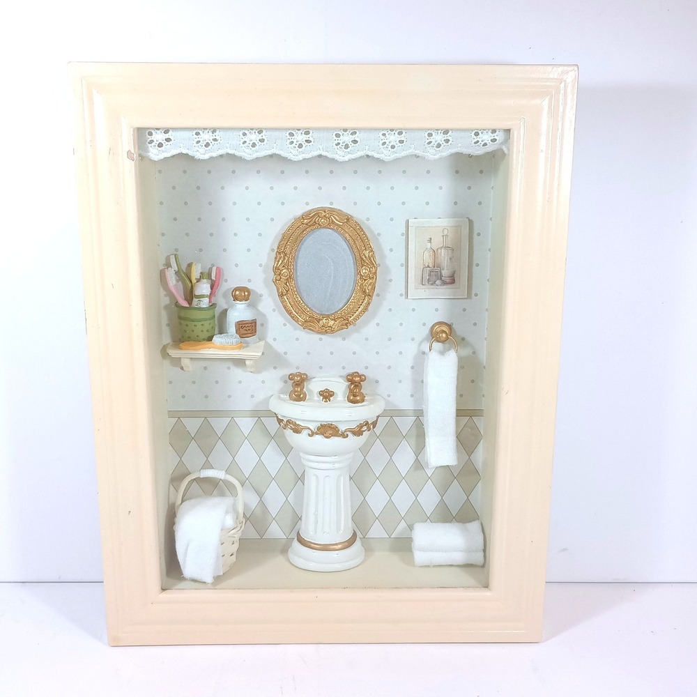 Vintage Bathroom Shadow Box Wall Art Miniature Pedestal Sink Diorama Framed